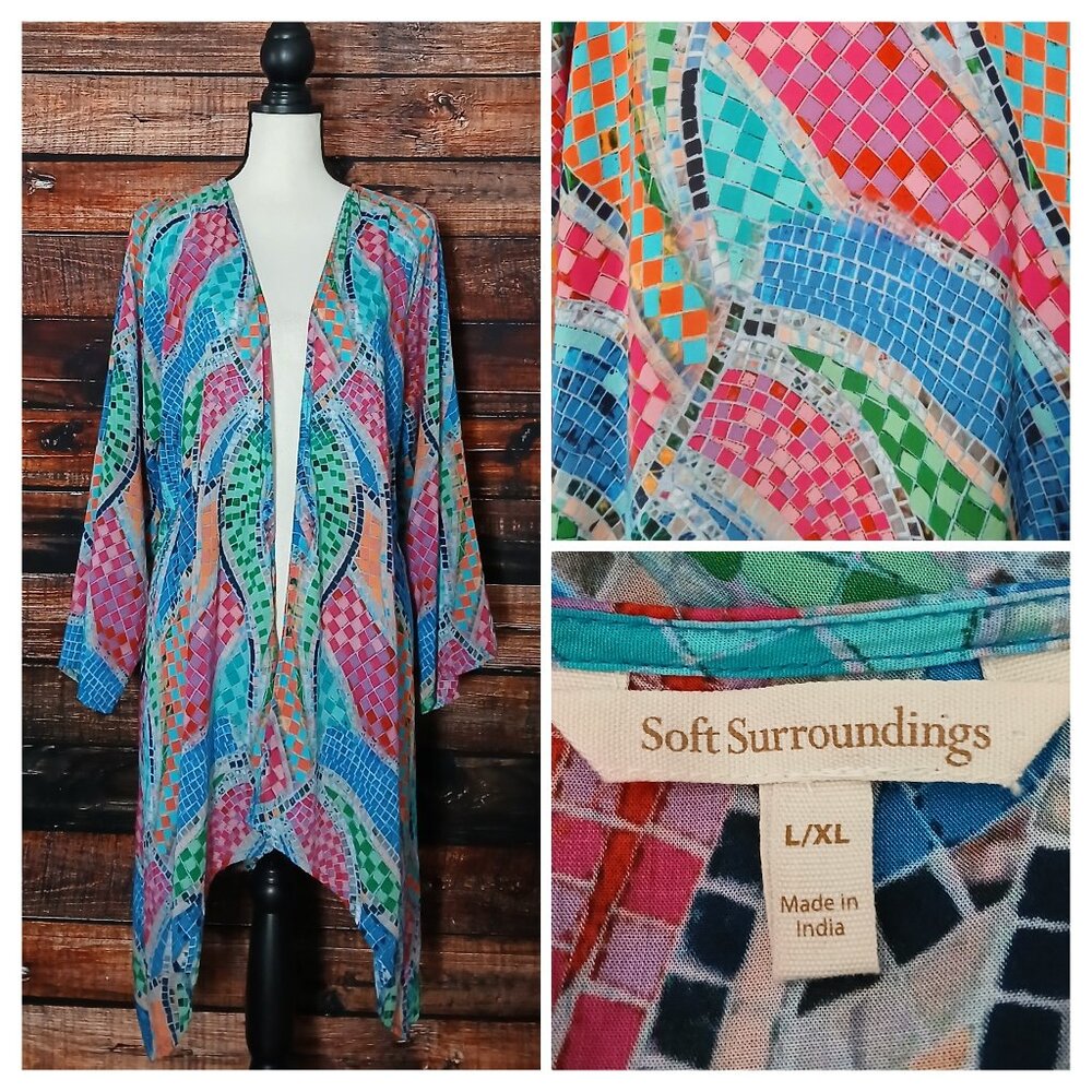 Soft Surroundings L XL Bohemian Mosaic Open Kimono Cardigan Modal